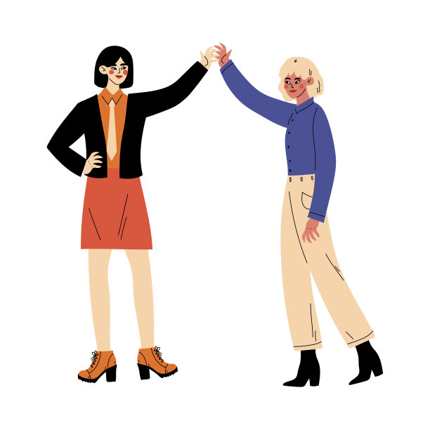 两个女孩站着，双手举过他们的头部卡通矢量插图图片下载