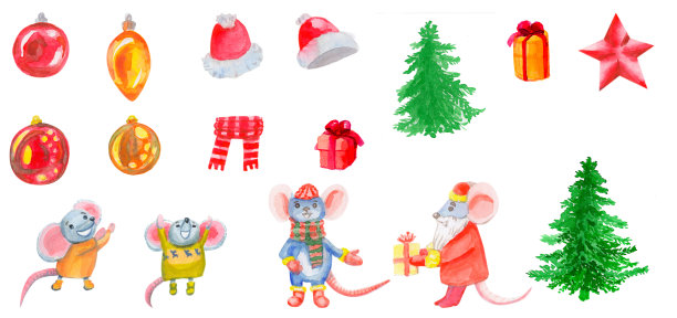 涂鸦风格的水彩插图。新2020年。在白色背景上设置孤立图片下载