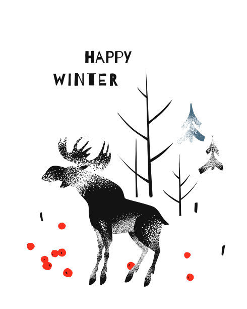 冬季插图与驼鹿和树。海报与森林和动物，设计元素贺卡，日历，横幅为网站，图形打印的礼物包装。图片下载