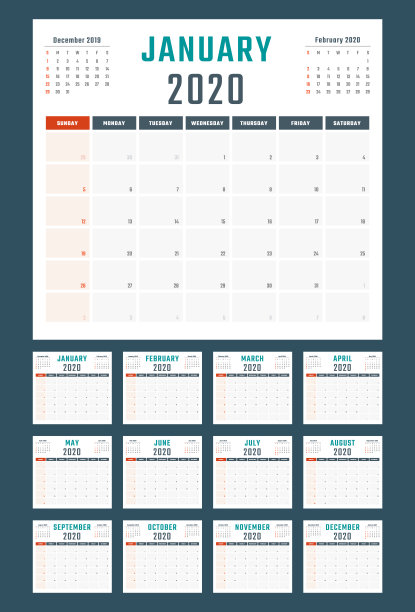 2020年日历周日开始，矢量日历设计2020年图片下载