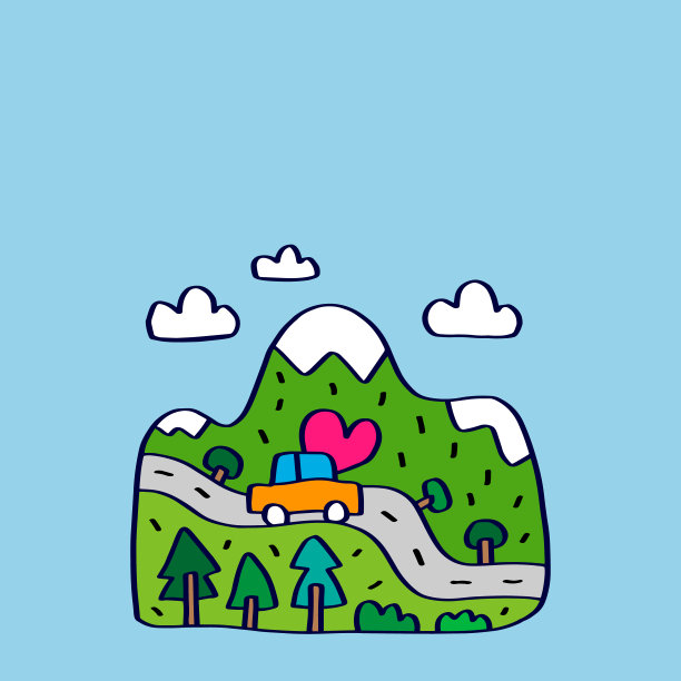 美丽的风景山和丘陵手绘矢量插图在卡通漫画风格车树心爱情人节卡图片下载