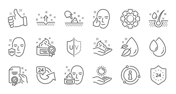 护肤系列图标。霜，滴精华液和面霜或乳液。线性的图标集。向量图片下载