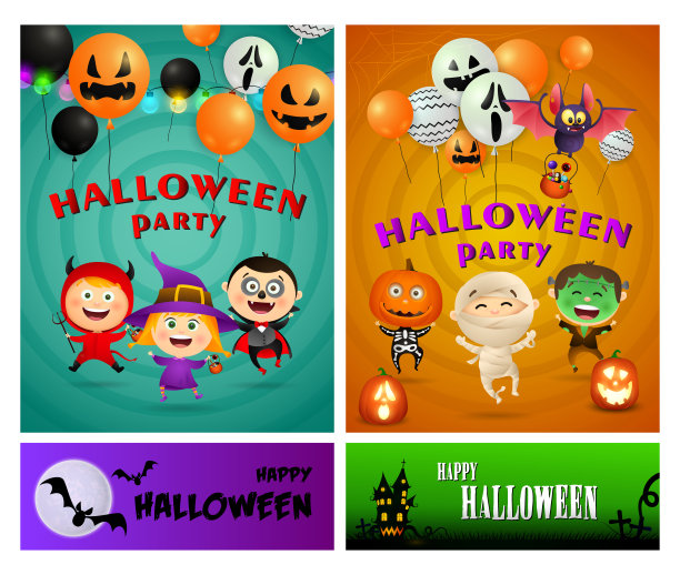 万圣节派对绿色，橙色横幅设置怪兽图片下载