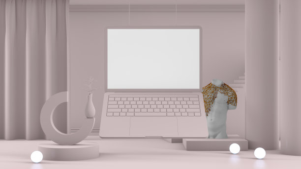 3D空笔记本电脑屏幕与楼梯和建筑柱在米色房间图片下载