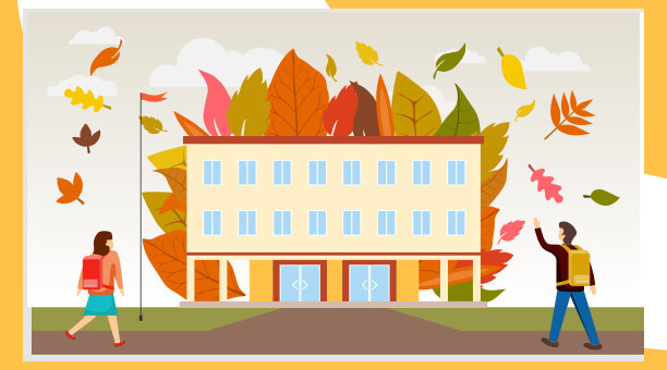 孩子们去上学。男孩和女孩去上学。学校的正面以秋天的景色为背景。矢量图,向量。图片下载