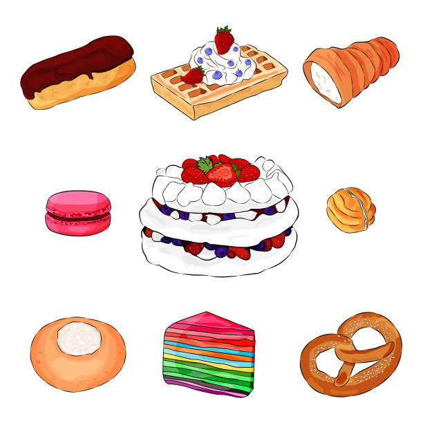 一套美味的蛋糕。卡通矢量插图。白色背景上的食物甜图标。平的风格。矢量插图。图片下载