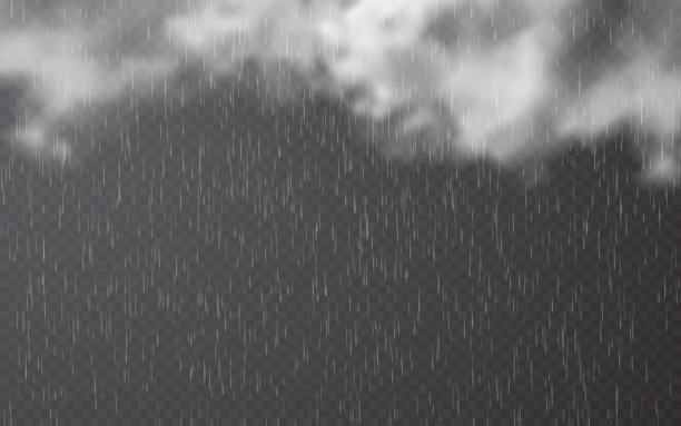 雨滴与云在透明的背景。水滴下降。自然降雨。暴风雨天气效果。矢量图图片下载