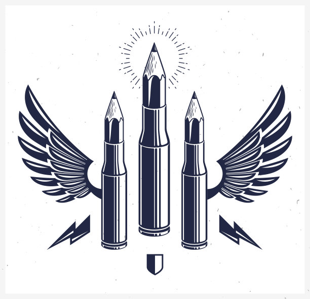 Idea是一种武器概念，即设计师或艺术家所创造的武器，即带有铅笔(而不是子弹)的带翼枪支弹壳，创造性能量，矢量图标。图片下载