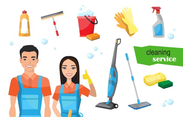 专业清洁工团队。矢量清洁工具集。矢量插图的卡通亚洲人物图片下载