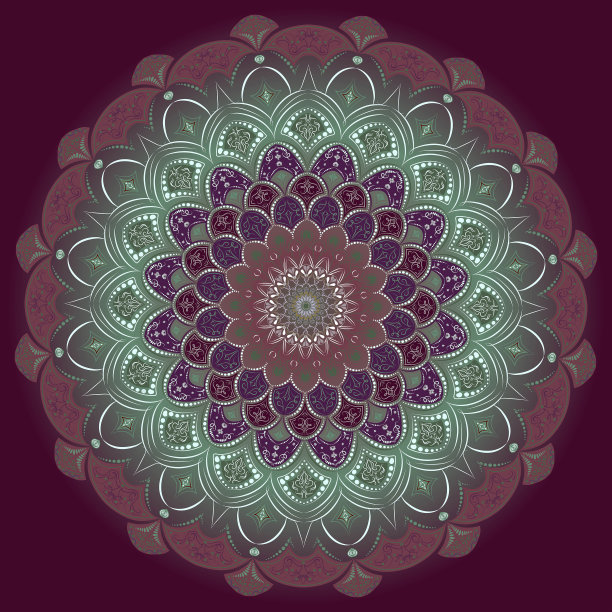 图案是圆形的，绿紫色的。曼陀罗带有花卉图案，和谐而对称。图片下载