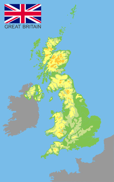联合王国。英国与爱尔兰和法国接壤。详细的国家物理地图，根据海拔颜色，有河流，湖泊，山脉。矢量地图与国旗。每股收益10图片下载