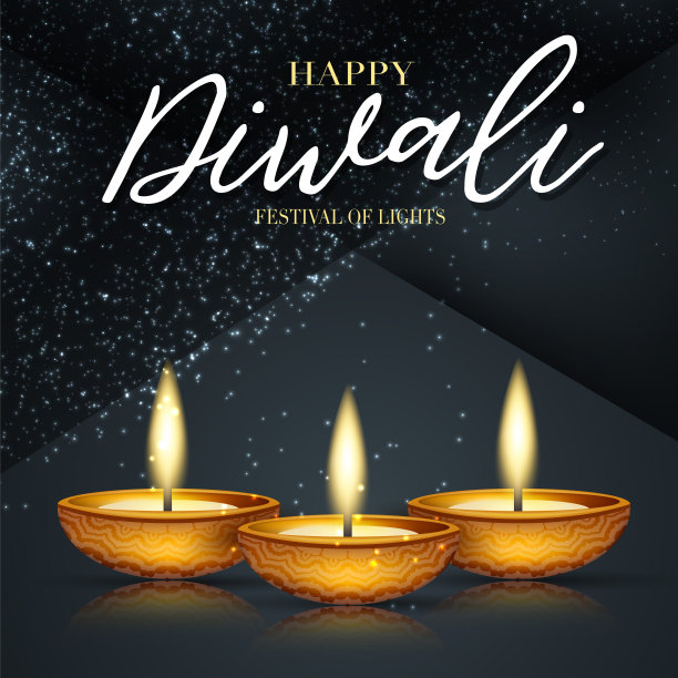 快乐排灯节的灯光海报或传单设计。印度传统节日背景与发光的花环和文本排版在黑色的背景。华丽的旗帜庆祝。迪亚油灯。矢量插图。图片下载