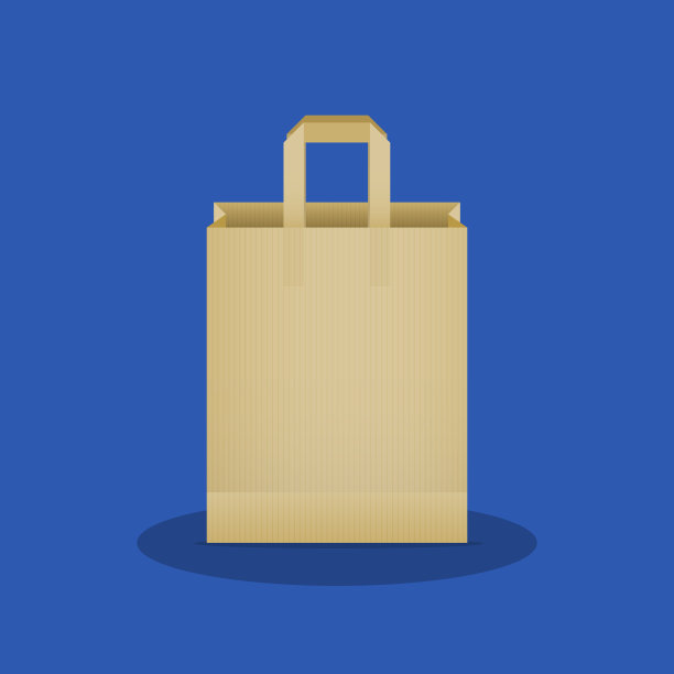 购物袋。牛皮纸纸袋。蓝色背景。矢量插图，平面设计图片下载