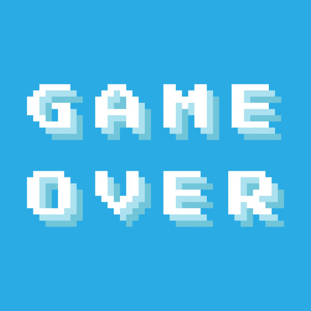 像素游戏的文本隔离在蓝色的背景。图片下载