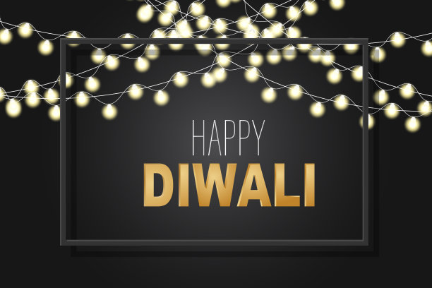 排灯节灯饰海报设计。印度传统节日背景与发光的花环和金色的文字排版在黑色的背景。矢量图. .图片下载