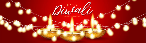 快乐的排灯节-灯光横幅或网站标题设计。印度传统节日背景与发光的花环和文本排版在一个红色的背景。迪亚油灯。用于广告、促销、销售的华丽图形图片下载