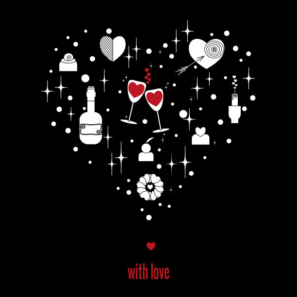 一组元素的浪漫和爱情的形状的心在黑色的背景。矢量画在轮廓风格的贺卡为生日，婚礼，情人节，邀请。图片下载