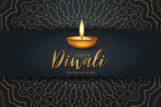 快乐排灯节灯饰海报设计。印度传统节日背景Diya油灯和金色的文本排版在黑色的背景与黄金印度教装饰。华丽的旗帜庆祝。矢量插图。图片下载