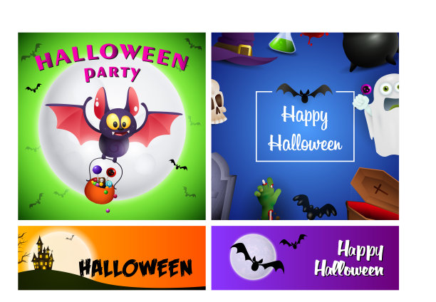 万圣节派对绿色，旗帜蓝色设置蝙蝠，糖果图片下载