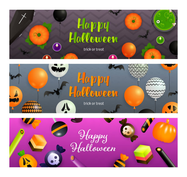 万圣节快乐灰色，粉色横幅，气球，棺材图片下载