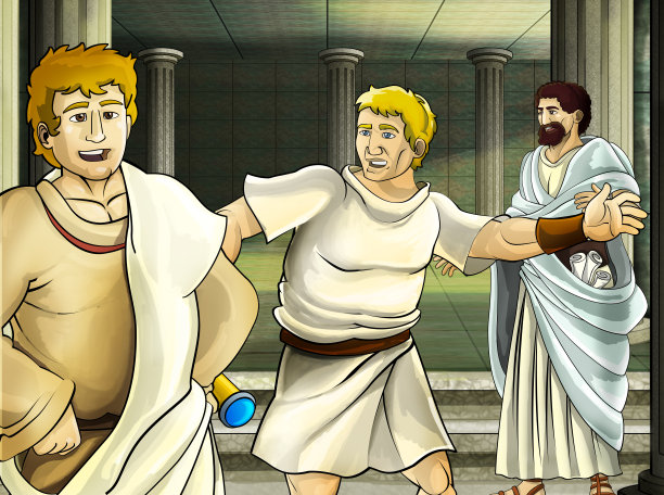 卡通场景与罗马或希腊战士-古代人物附近的一些古老的建筑，如神庙图片下载