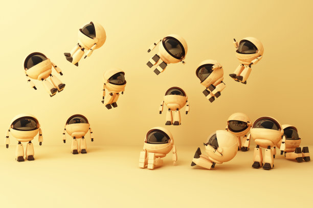 许多可爱的黄色机器人正在黄色的背景上坐着飞着。三维渲染图片下载