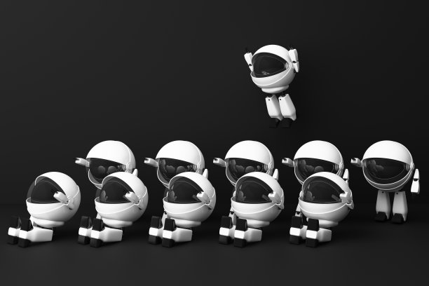 许多可爱的机器人正在坐着，另一个在黑色的背景上飞起来。三维渲染图片下载