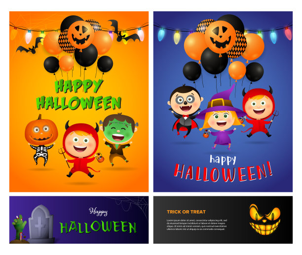 万圣节快乐橙色，蓝色横幅设置怪物图片下载