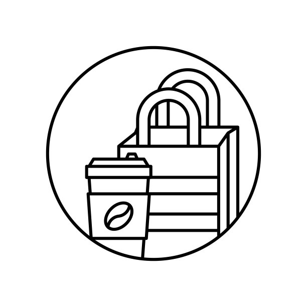 纸袋，纸杯，咖啡壶。简单的线条，轮廓矢量带走图标的用户界面和用户体验，网站或移动应用程序图片下载