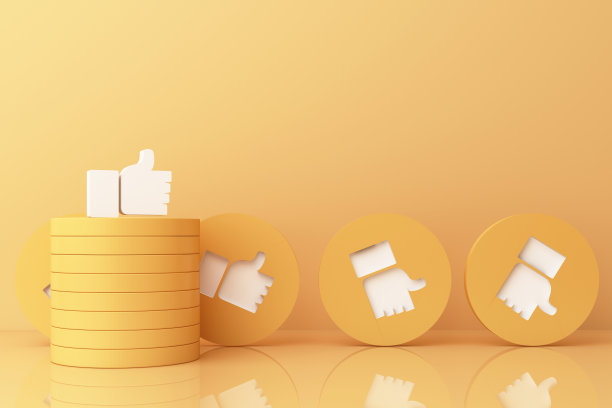 大拇指向上的符号，手指向上的图标，就像图标上的黄色几何形状。三维渲染图片下载