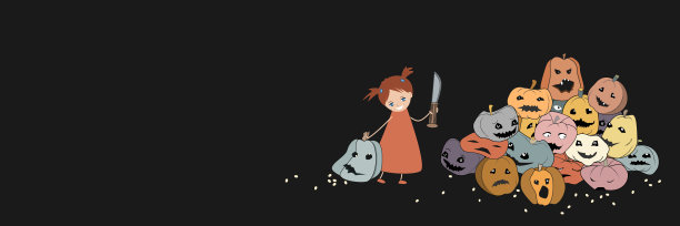 横幅上一个可爱的微笑着的小女孩用一把巨大的小刀扛着大南瓜。有趣的万圣节矢量插图，邀请或其他文字的地方图片下载