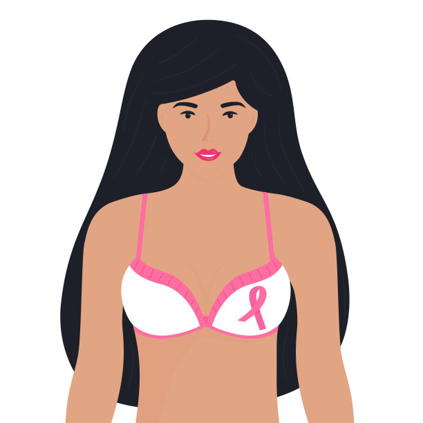 全国乳腺癌宣传月。一个黑色长发的女孩，穿着带粉色丝带的胸罩。图片下载