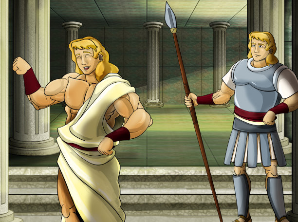 卡通场景与罗马或希腊战士-古代人物附近的一些古老的建筑，如神庙图片下载