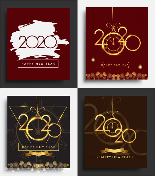 快乐2020年新年邀请卡与闪烁隔离在黑色背景，文字设计金色，矢量集日历和贺卡。图片下载