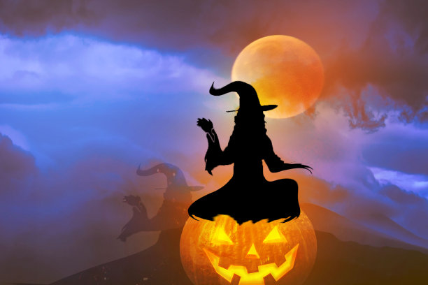 女巫坐在杰克的灯笼上。彩色插图。图片下载