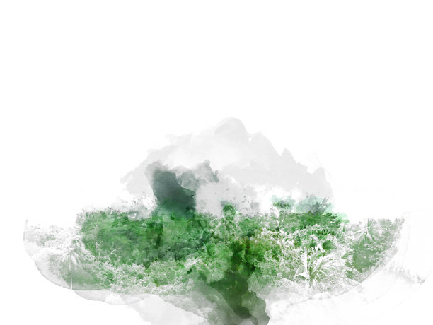 在水彩插画的背景上抽象了色彩丰富的山脉和树木景观。图片下载