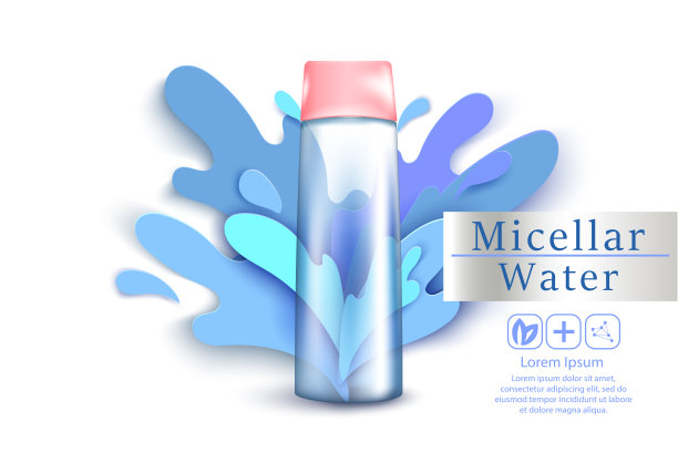 胶束水与剪纸飞溅水。用于化妆品清洗3d逼真的矢量广告横幅，海报。化妆品瓶。包装设计。图片下载