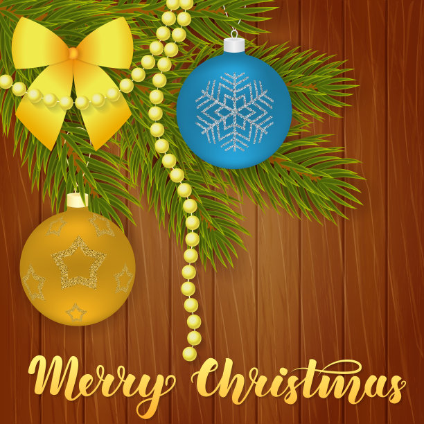 圣诞快乐。美丽的贺卡与圣诞树，圣诞球，弓，珠子和手写的字母在木制的背景。矢量插图。EPS10。图片下载