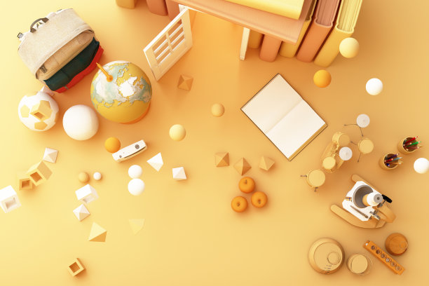 回到学校，灵感，海报与教育设备和门打开在书塔。三维渲染图片下载