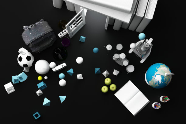 回到学校，灵感，海报与教育设备和门打开在书塔。三维渲染图片下载