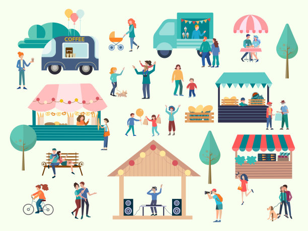 街头小吃市场概念。矢量插图。图片下载