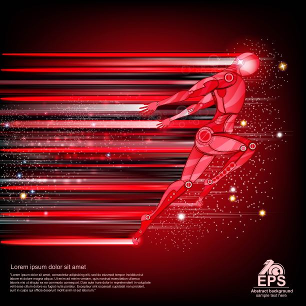 背景与红色半机械人飞行或运行与速度和光和运动模糊跟踪回来图片下载
