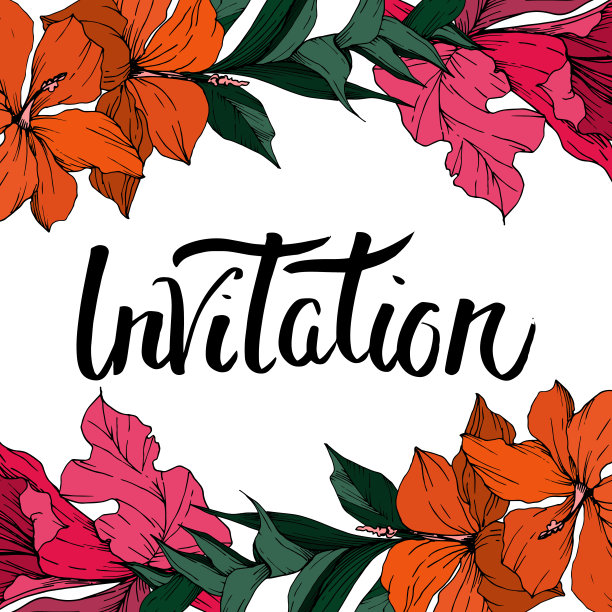 病媒热带花和叶孤立。黑白篆刻水墨艺术。边框装饰方形。图片下载