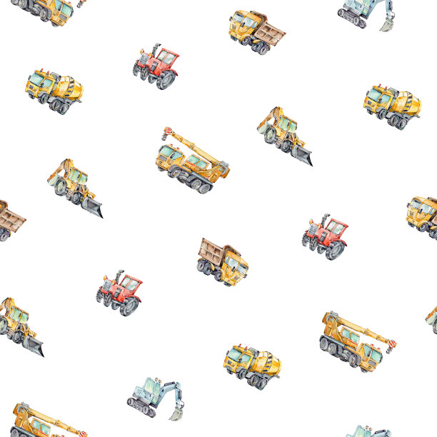 水彩无缝图案与五颜六色的小玩具车。卡车和汽车水彩背景的孩子。采购产品红色拖拉机，挖掘机，挖掘机，建筑机器，混凝土搅拌机。图片下载