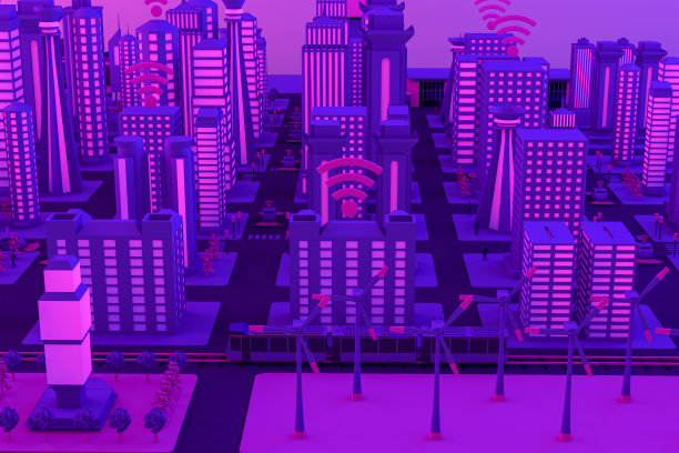 3D智慧城市，风力涡轮机，无人驾驶互联汽车概念图片下载