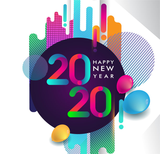 新年快乐2020彩色抽象设计，矢量元素的日历和贺卡。素材图片