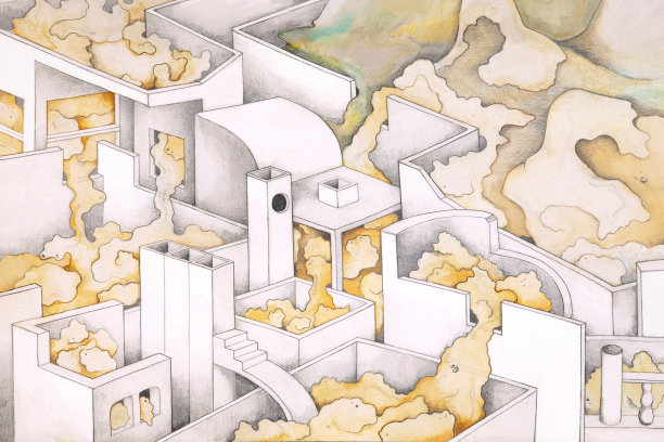 抽象的架构。幻想城市景观。城市景观插图。超现实主义的城市建筑。图片下载