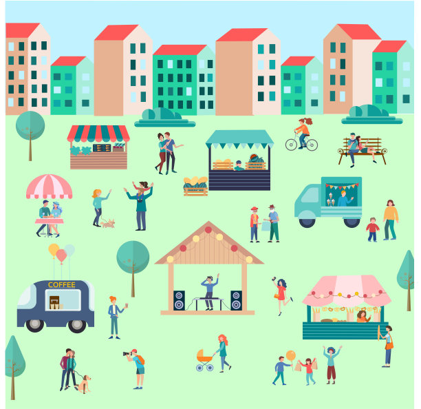 城市里的街边小吃市场。人们在公园的小摊上卖食物。当地城市商店卡通概念。图片下载