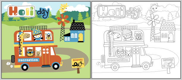 一组动物卡通假期与巴士，着色书或页图片下载