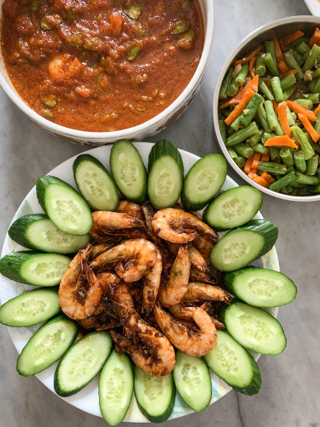 自制罗望子虾、辣参巴虾、炒码长豆图片下载